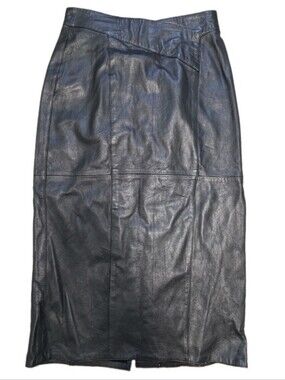 100% Genuine Leather Pencil Skirt Midi Size 10 Black Retro Grunge Y2K 90's VTG